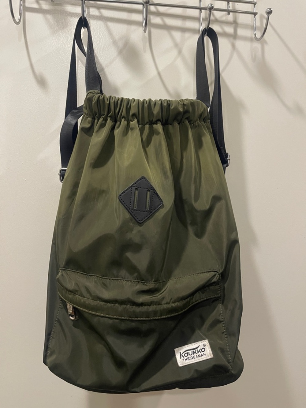 Kaukko Olive Green Drawstring Backpack with Front Zip Pocket